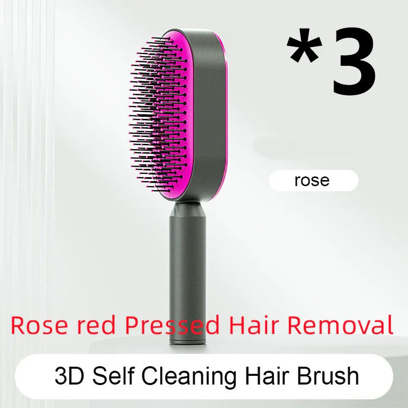 Rose red 3D self-cleaning hair brush with black handle and dense bristles
