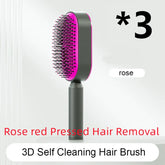 Rose red 3D self-cleaning hair brush with black handle and dense bristles