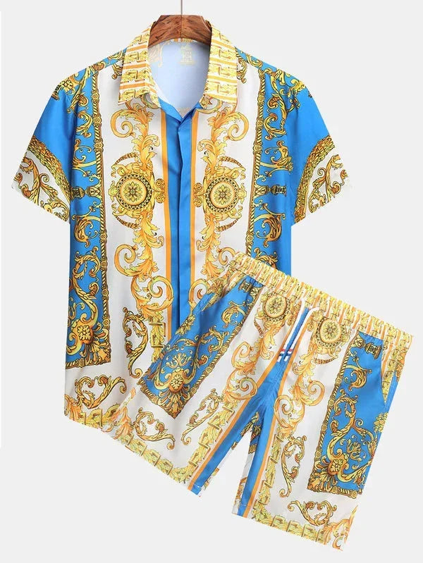 Men’s short sleeve shirt and shorts set with blue, gold, and white baroque print, relaxed fit