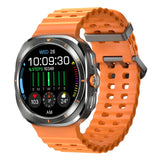 Modern smartwatch with orange silicone band, black display, and fitness tracking features