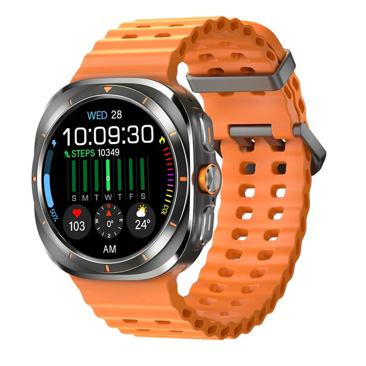 Modern smartwatch with orange silicone band, black display, and fitness tracking features