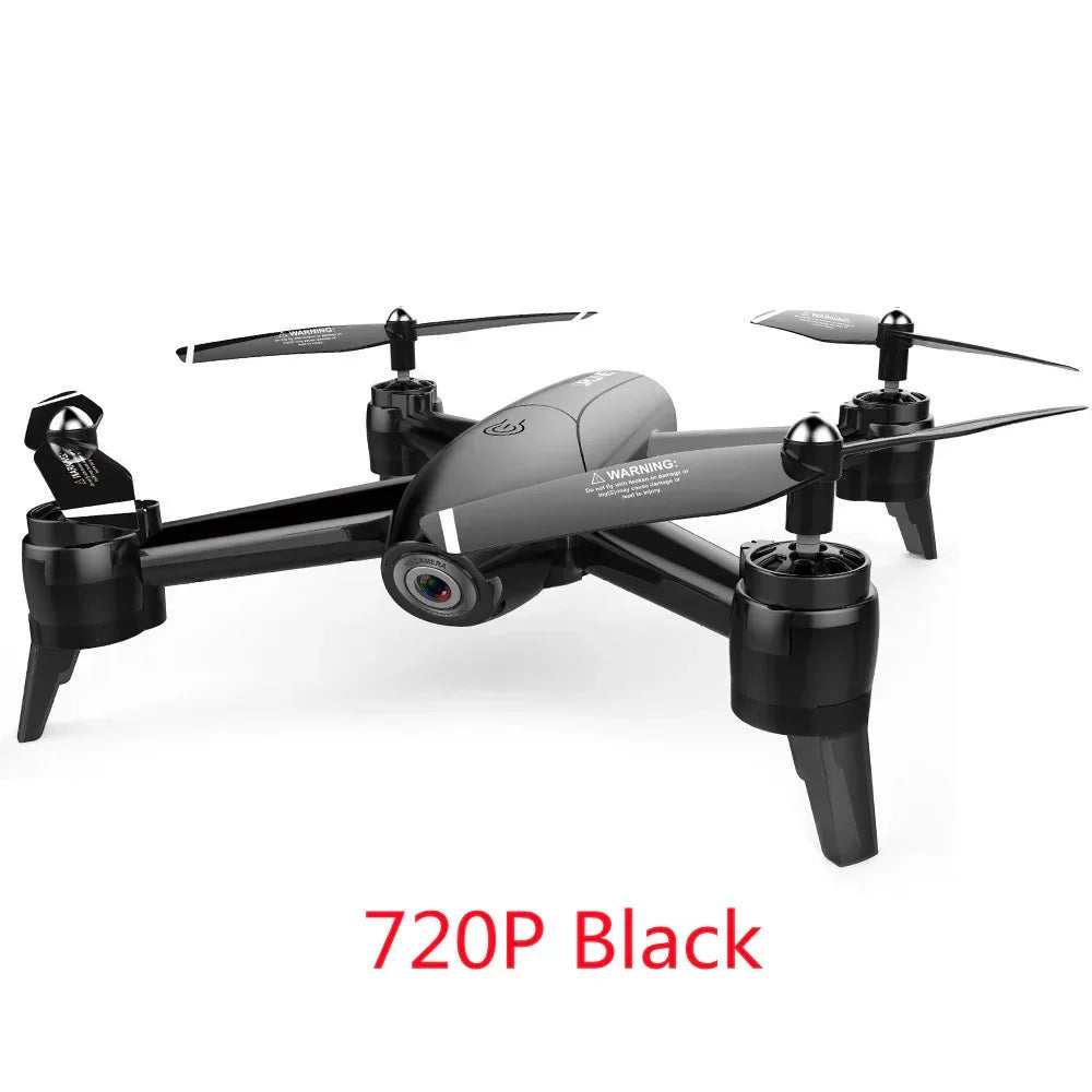 Black drone with 720P HD camera, quadcopter design, sleek matte finish, and foldable arms