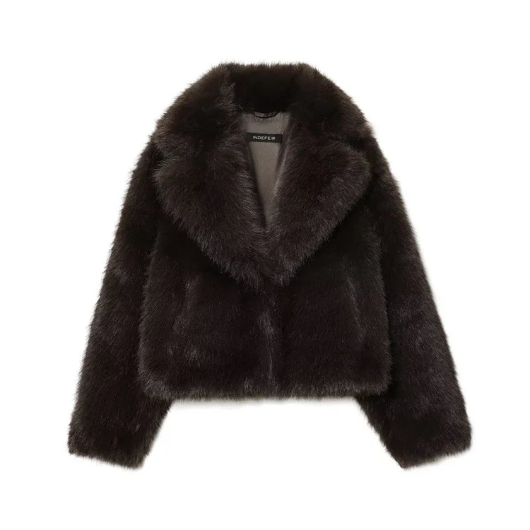 Dark brown faux fur jacket with wide lapels and relaxed fit, modern streetwear style