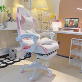 White and pink ergonomic gaming chair with plush cushions in a modern pastel home office setup