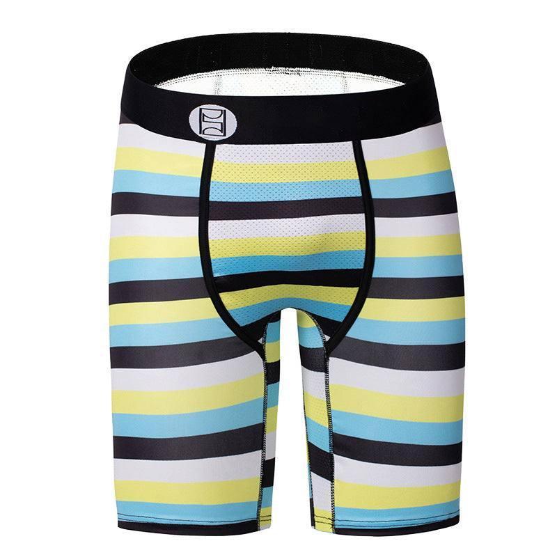Men's striped boxer briefs with blue, yellow, white, and black colors, slim fit, stretch fabric.