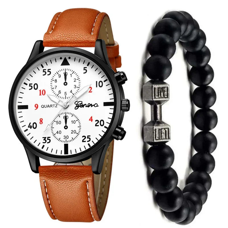 Men's white dial analog watch with brown leather strap and black bead bracelet