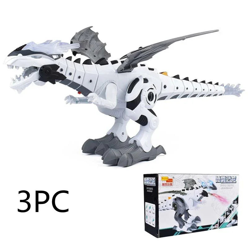White and grey robotic dinosaur toy with angular features, plastic material, and box packaging.