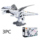White and grey robotic dinosaur toy with angular features, plastic material, and box packaging.