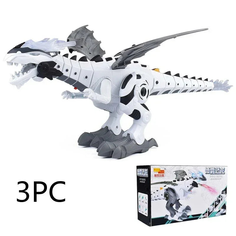 White and grey robotic dinosaur toy with angular features, plastic material, and box packaging.