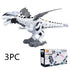 White and grey robotic dinosaur toy with angular features, plastic material, and box packaging.