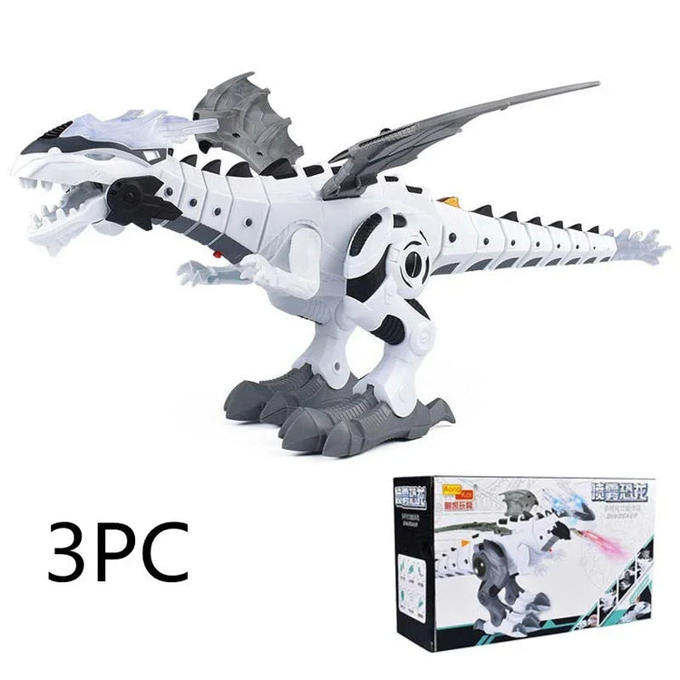 White and grey robotic dinosaur toy with angular features, plastic material, and box packaging.