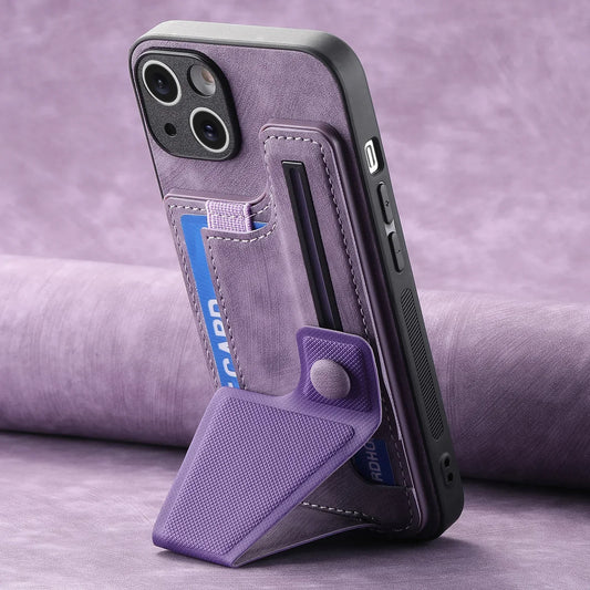 Purple leather phone case with card holder and built-in stand, sleek fit, modern style