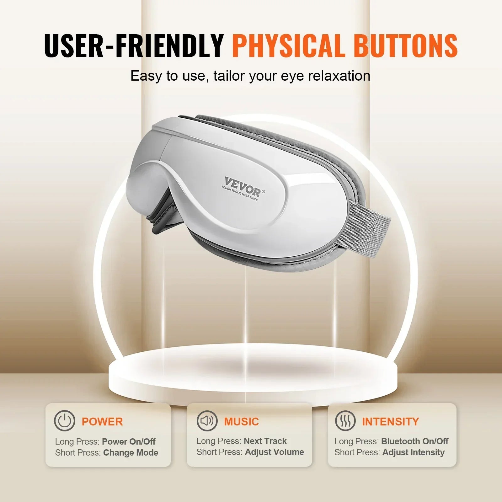 Futuristic white eye massager with grey adjustable strap, sleek design, and physical control buttons.