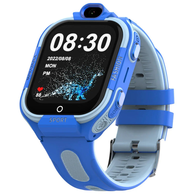 Blue sporty smartwatch with silicone strap, touchscreen, and digital display