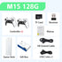 Game console bundle with two white controllers, USB cable, HD cable, TF card, receiver, manual, and gift box.