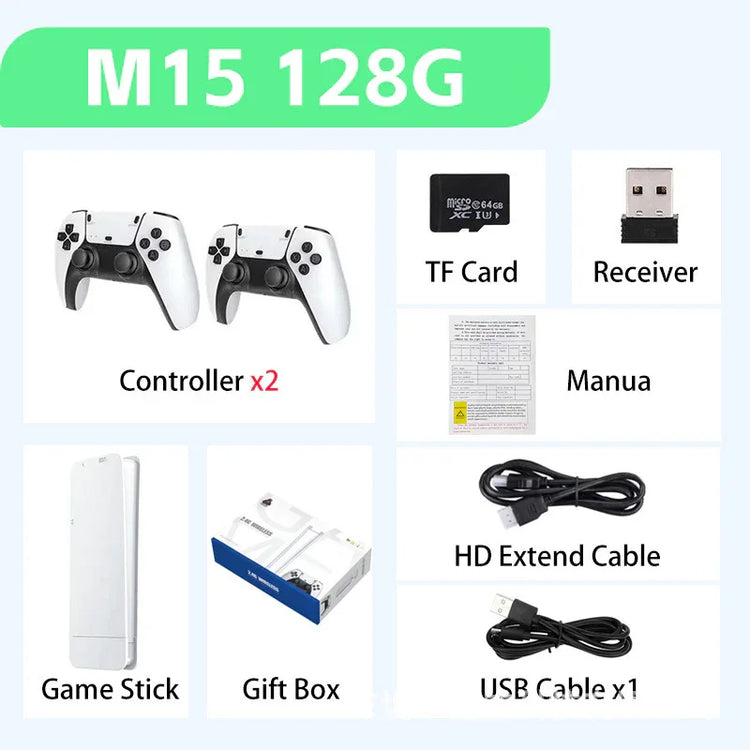 Game console bundle with two white controllers, USB cable, HD cable, TF card, receiver, manual, and gift box.