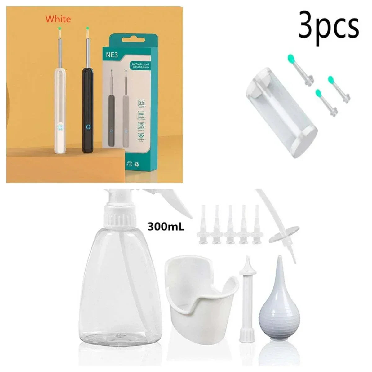 Multiple ear care tools including black and white earwax removers, soft silicone tips, 300ml spray bottle, rinse cup, and syringe, all in white or clear materials, shown against a neutral background.