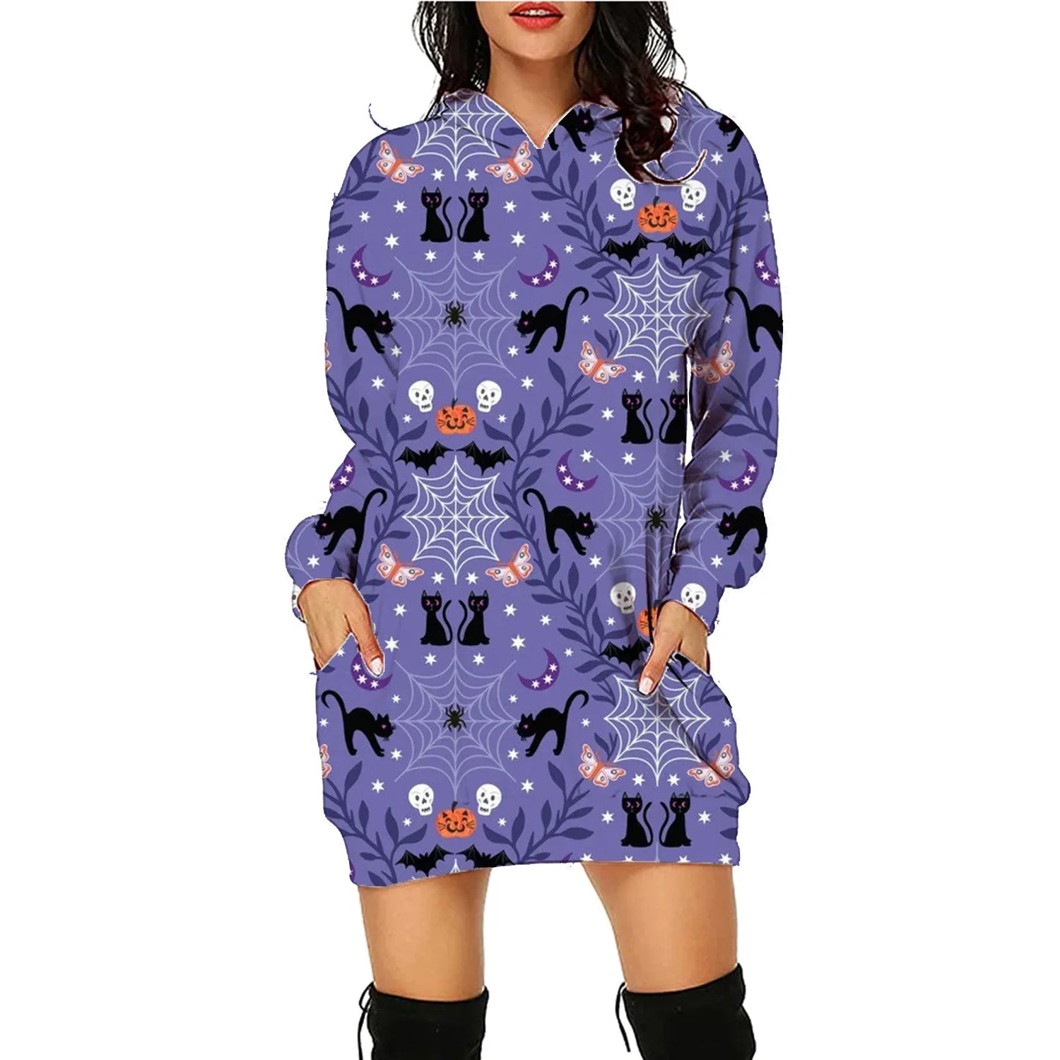 Woman wearing a purple hoodie dress with Halloween-themed prints, relaxed fit