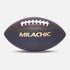 Iridescent dark purple textured football with white laces and metallic gold lettering, studio background