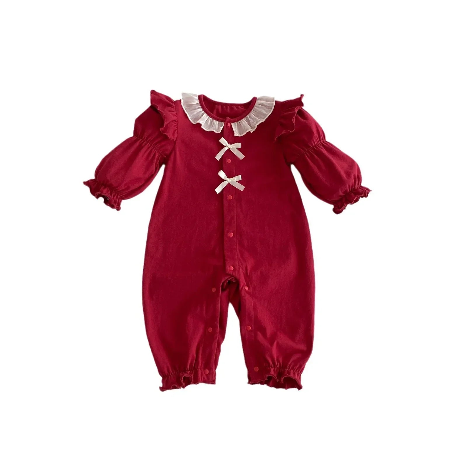 Red ruffled long-sleeve baby romper with white bows and frilled collar, loose fit cotton