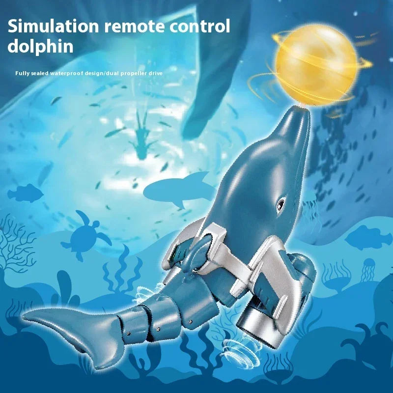 Blue and silver waterproof remote control dolphin toy with jointed body, underwater theme background