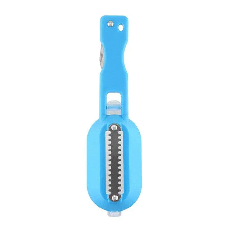 Blue plastic and metal foot callus remover tool with ergonomic handle