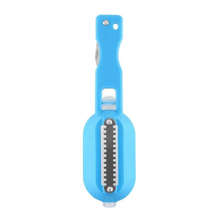 Blue plastic and metal foot callus remover tool with ergonomic handle