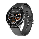 Black round smartwatch with digital fitness display, silicone strap, modern sleek design