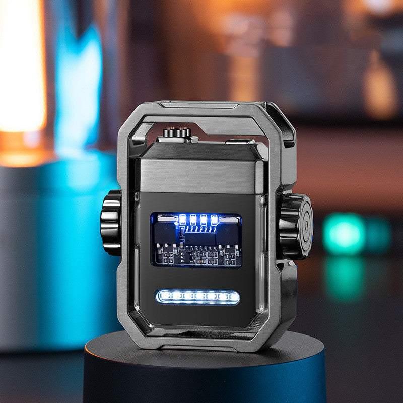 Futuristic metallic gadget with LED lights and tech-inspired design on a dark background