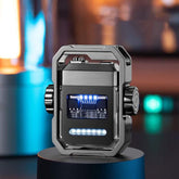 Futuristic metallic gadget with LED lights and tech-inspired design on a dark background