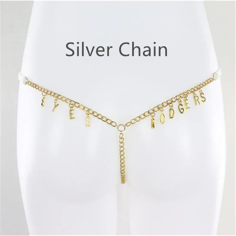 Gold chain letter hip belt with adjustable fit, worn on white mannequin, streetwear accessory