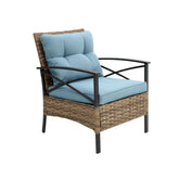 Outdoor wicker lounge chair with light blue cushions, metal armrests, and modern design.