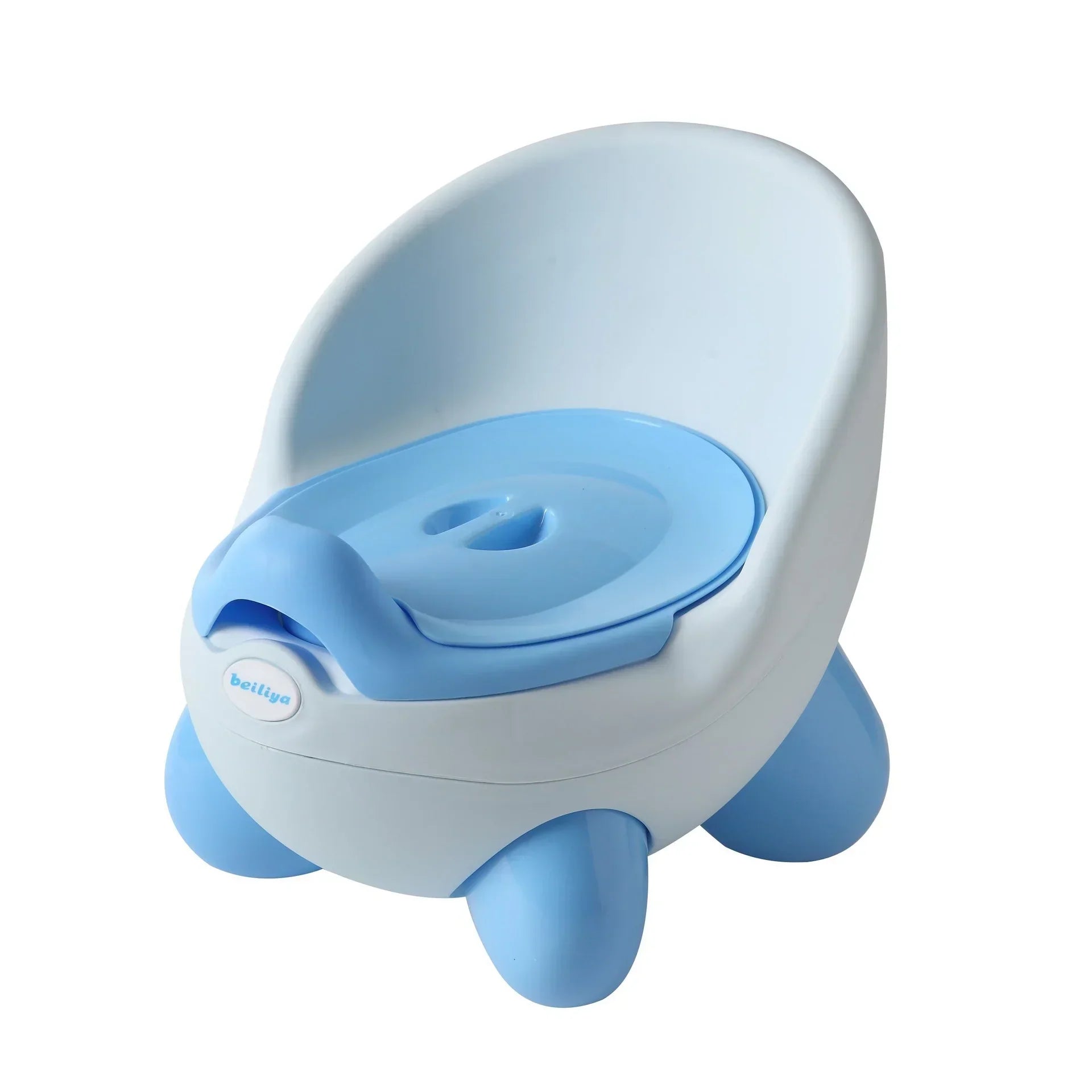 Modern blue and white plastic potty training chair with rounded legs and high backrest