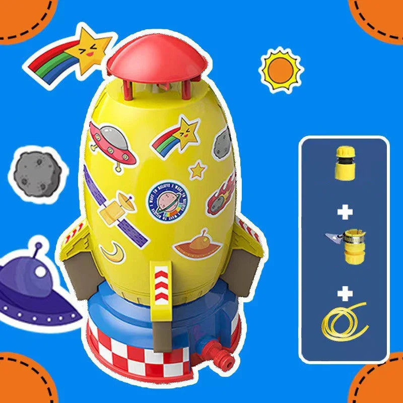 Colorful plastic rocket toy with cartoon space stickers and DIY assembly parts, playful background