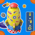 Colorful plastic rocket toy with cartoon space stickers and DIY assembly parts, playful background