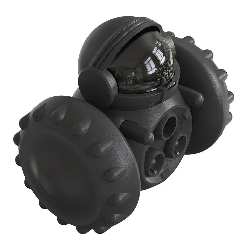 Black futuristic robot toy with spiked wheels and glossy helmet, matte finish