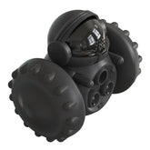 Black futuristic robot toy with spiked wheels and glossy helmet, matte finish