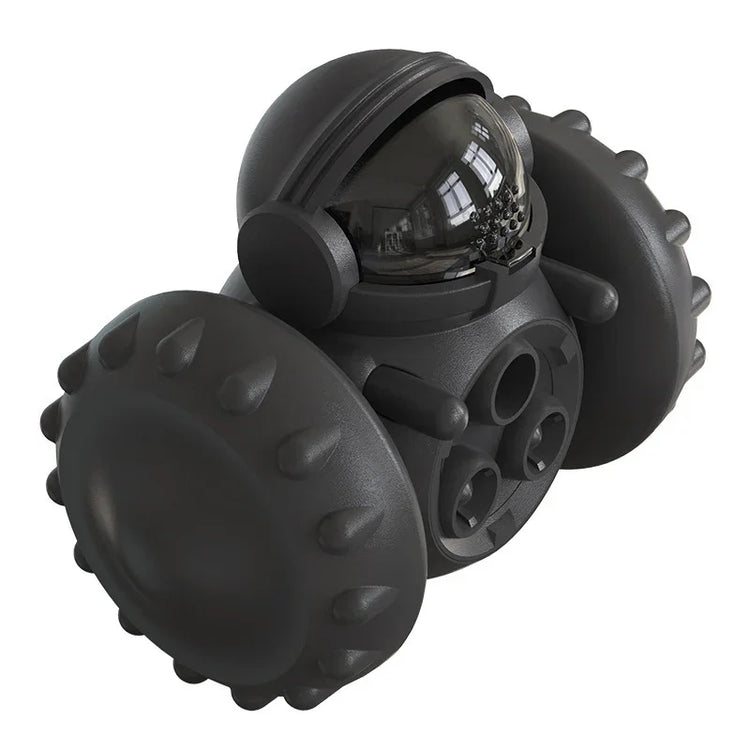 Black futuristic robot toy with spiked wheels and glossy helmet, matte finish