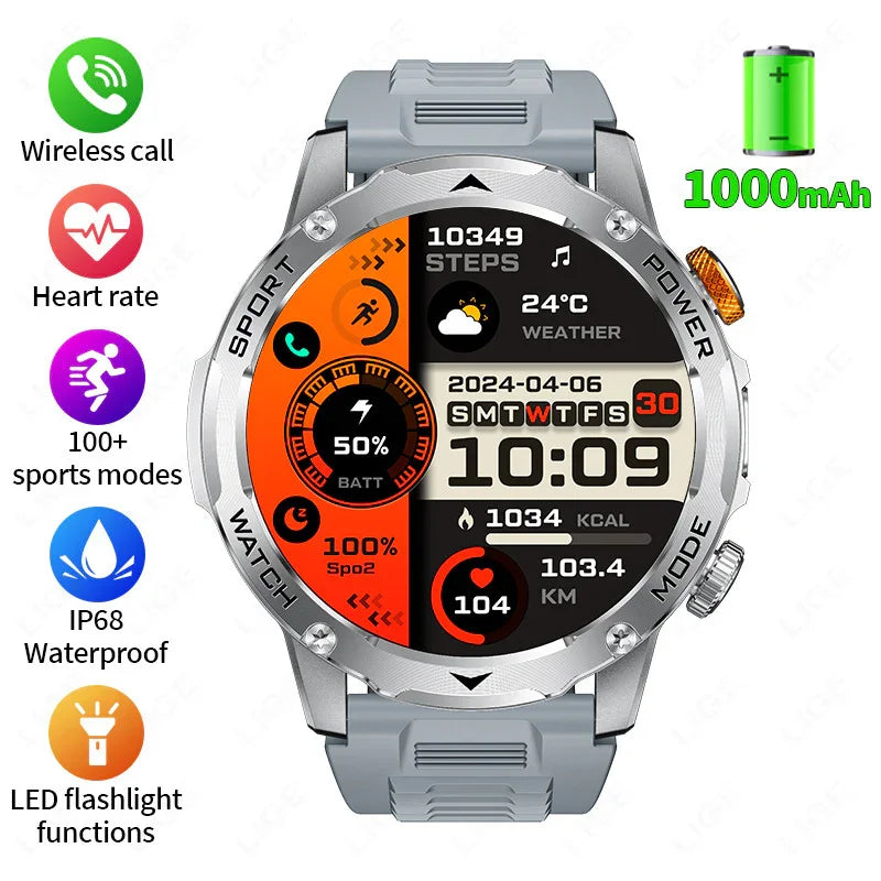Silver and gray smart watch with round display, fitness tracker features, sports modes, waterproof design, and wireless call support.