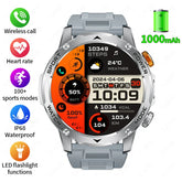 Silver and gray smart watch with round display, fitness tracker features, sports modes, waterproof design, and wireless call support.