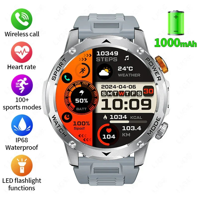 Silver and gray smart watch with round display, fitness tracker features, sports modes, waterproof design, and wireless call support.
