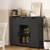Modern black sideboard with matte finish, featuring drawers and cabinets, in a cozy dining room.