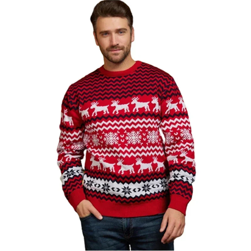 Red knit sweater with white snowflake and reindeer pattern, regular fit, winter streetwear