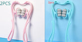 Pink and blue manual neck massagers with multiple grey rollers, plastic material, ergonomic design.
