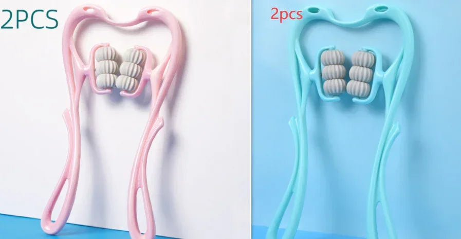 Pink and blue manual neck massagers with multiple grey rollers, plastic material, ergonomic design.