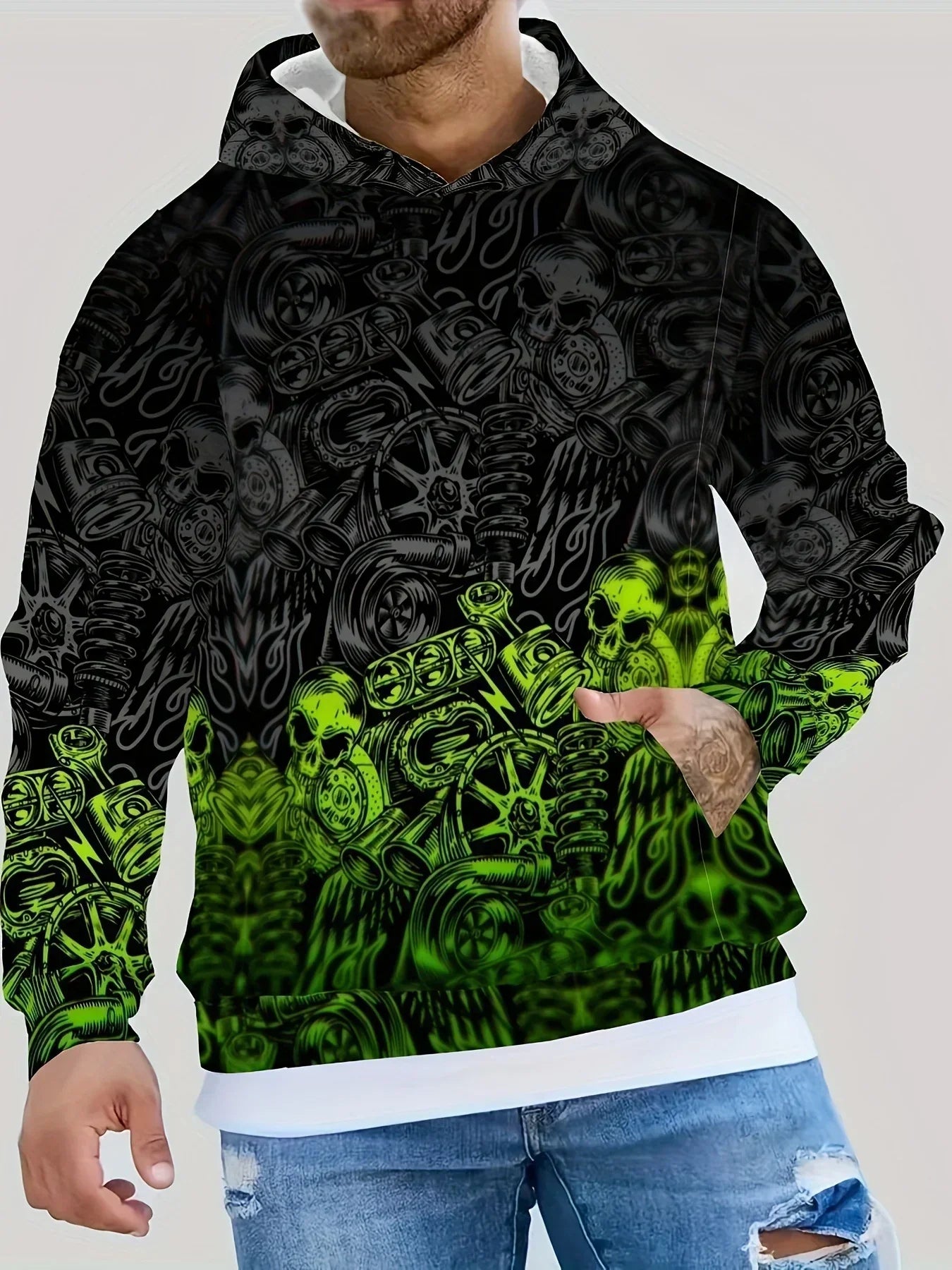 Men's black and neon green graphic hoodie with skull and gear print, relaxed streetwear fit
