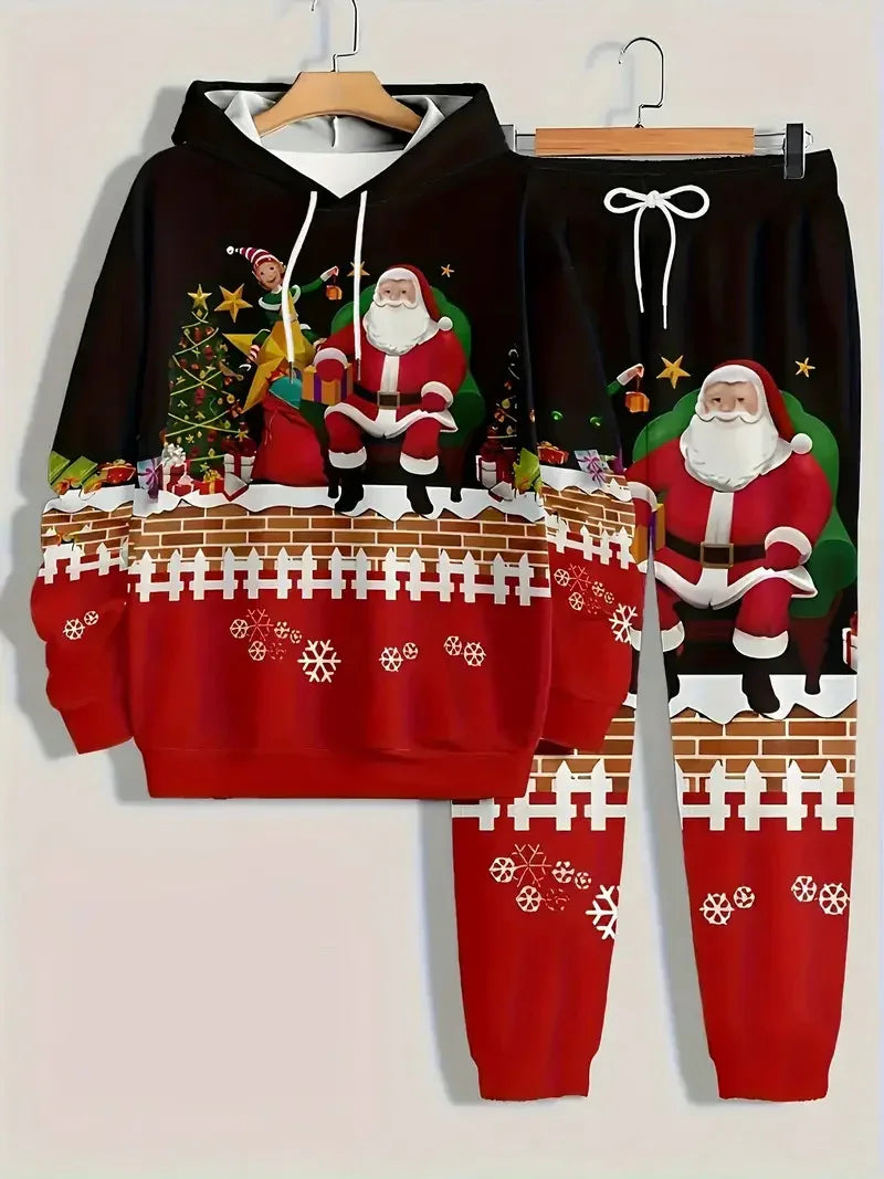 Festive Christmas print tracksuit with Santa Claus and elf, red and black hoodie and joggers