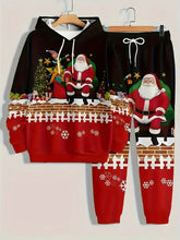 Festive Christmas print tracksuit with Santa Claus and elf, red and black hoodie and joggers
