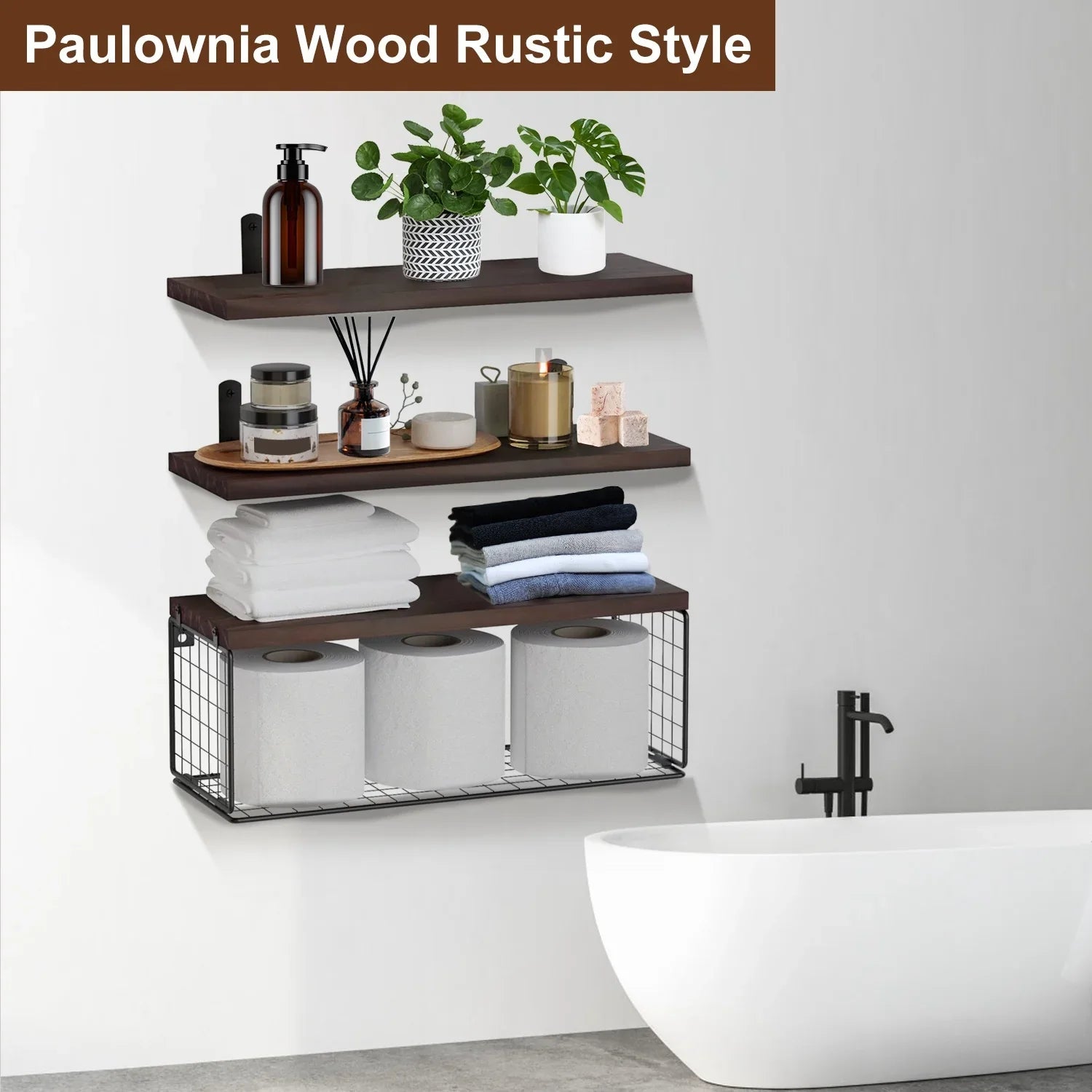 Paulownia wood rustic wall shelves in bathroom with towels, plants, and storage baskets