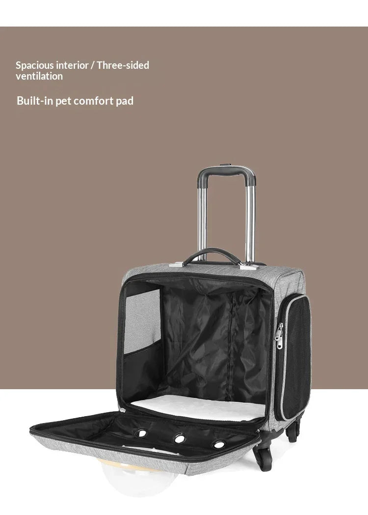 Gray rolling pet carrier with extendable handle, mesh ventilation, and soft comfort pad.
